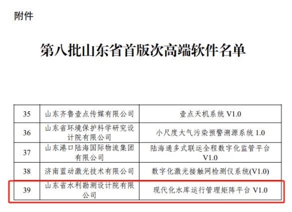 山东水设现代化水库运行管理矩阵平台被认定为首版次高端软件产品